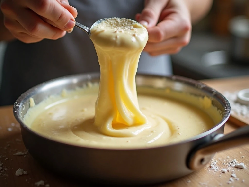 Cooking pâte à choux dough until it pulls away from the saucepan