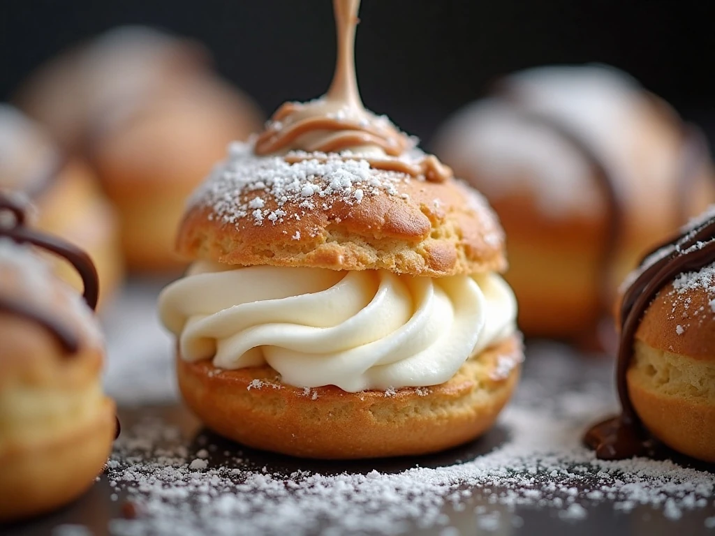 Cream puffs filled with vanilla whipped cream and finished with chocolate