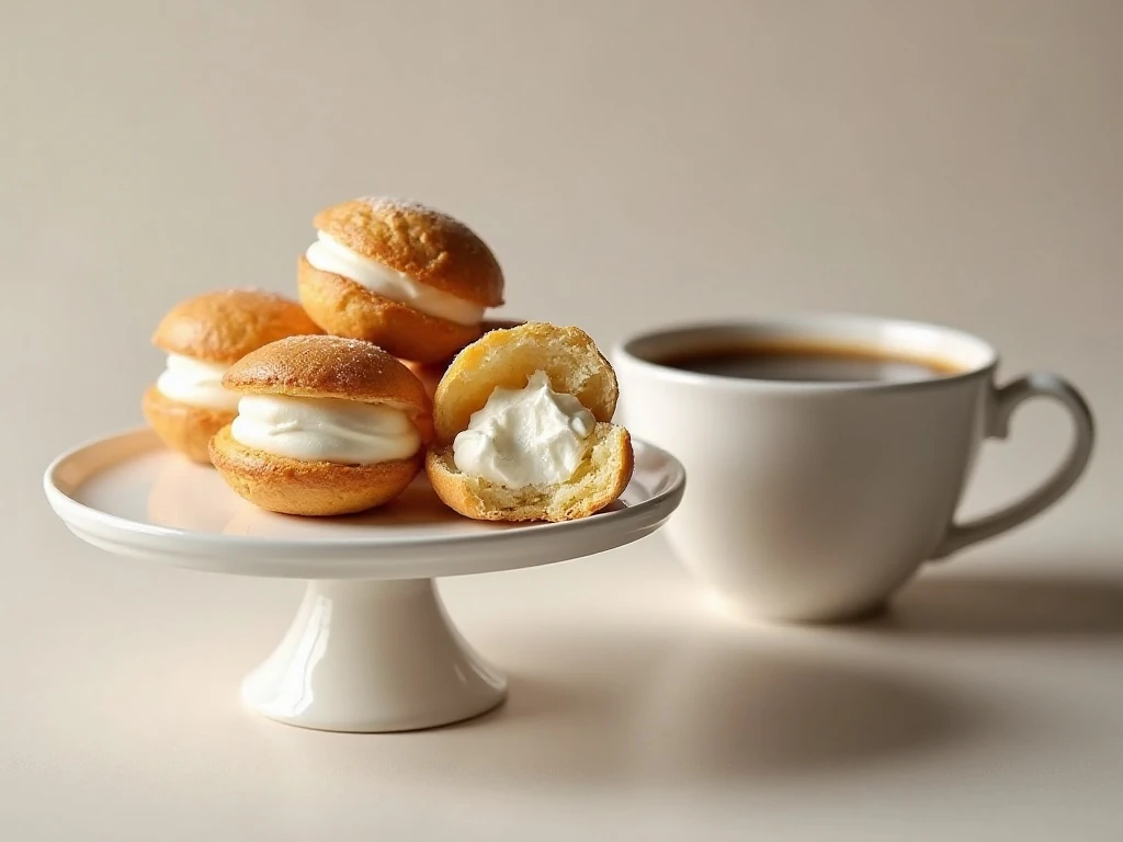 Cream puffs served fresh with coffee and powdered sugar
