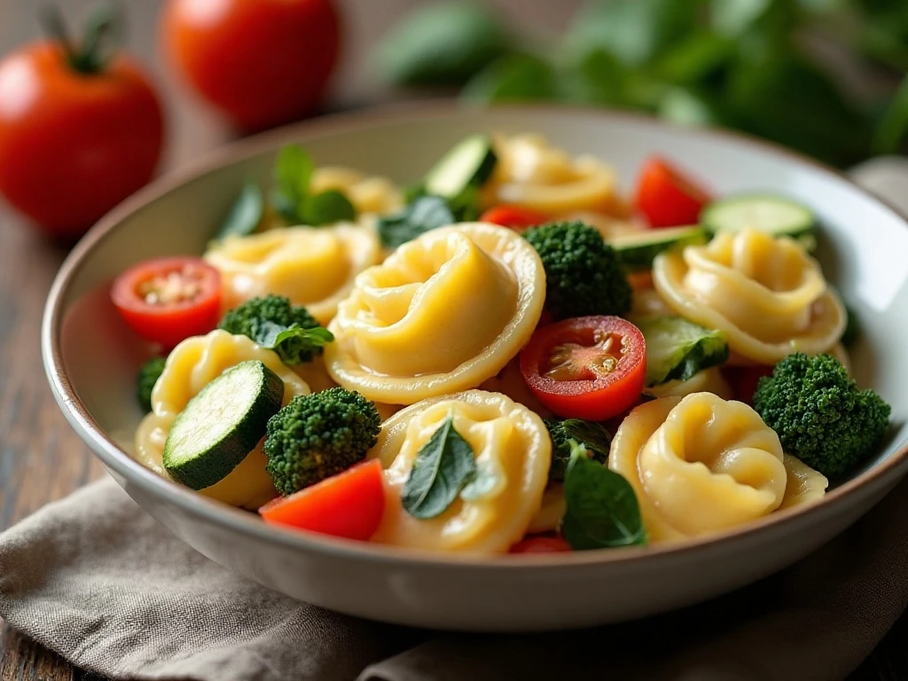Creamy vegetable tortellini with colorful vegetables in Parmesan sauce