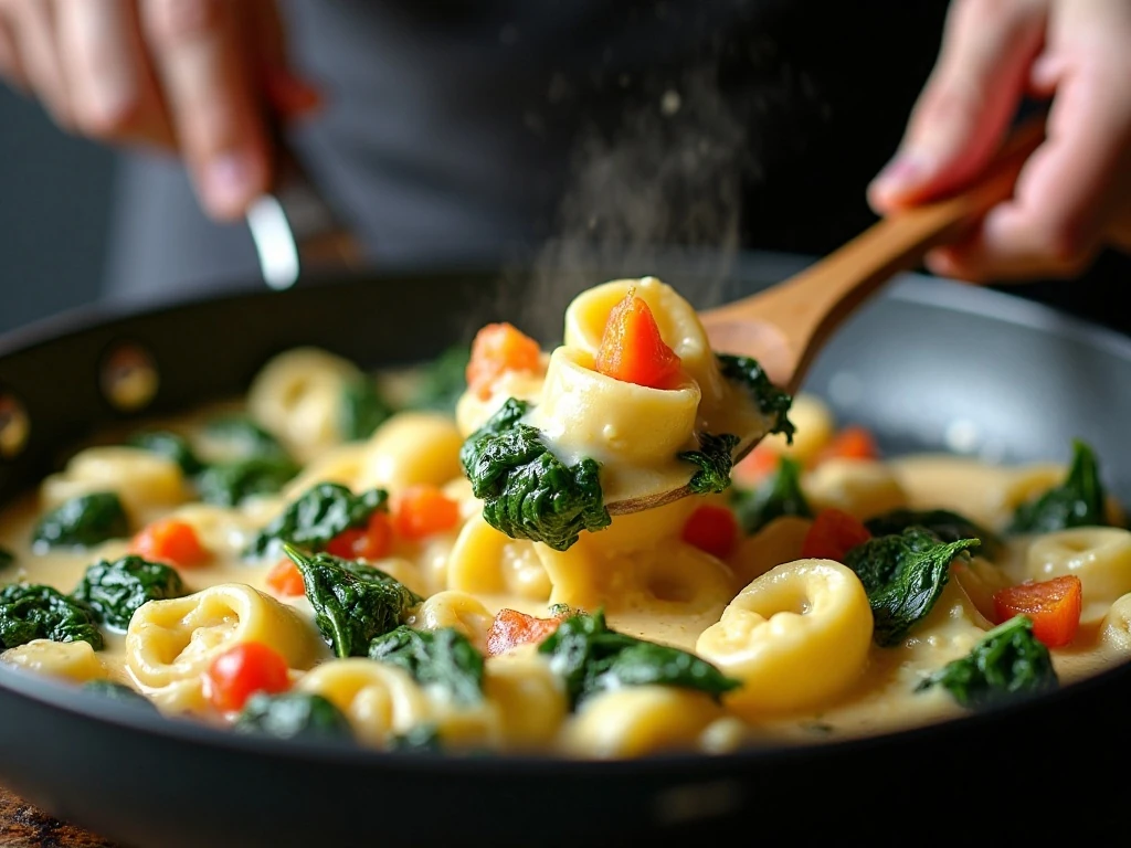 Tortellini being tossed with vegetables and creamy Parmesan sauce