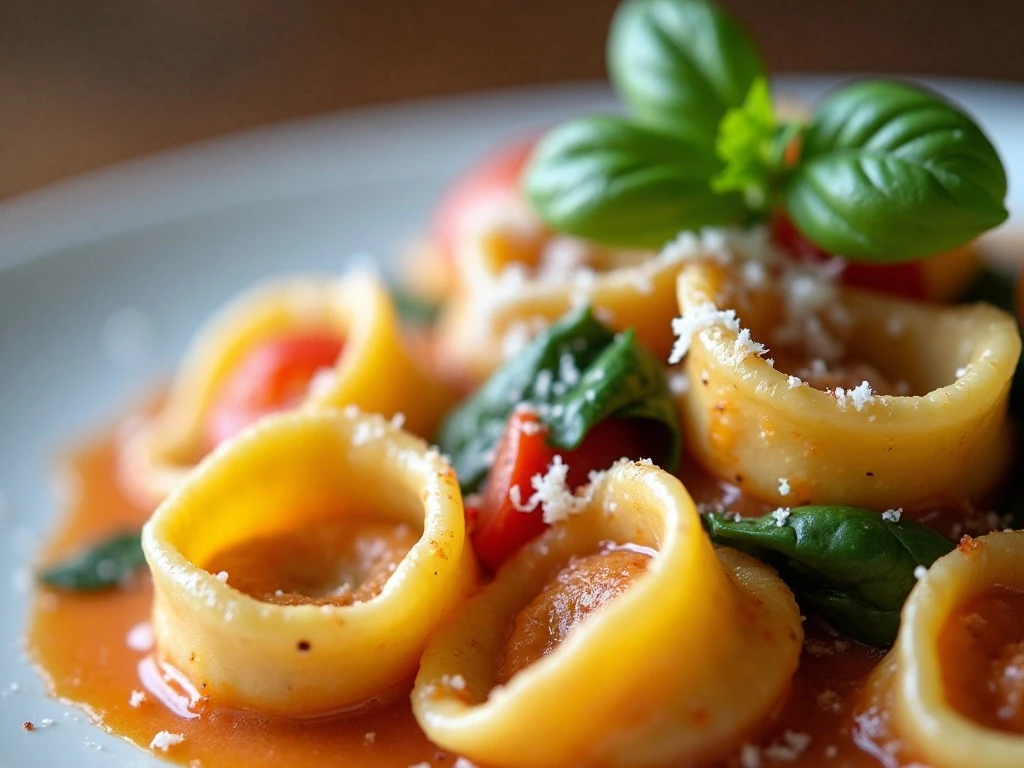Parmesan and fresh basil garnish on creamy vegetable tortellini