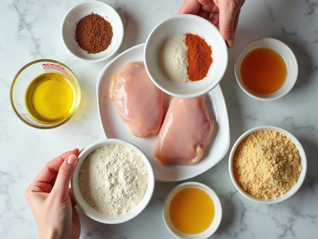 Ingredients for easy crispy pan-fried chicken arranged on a counter