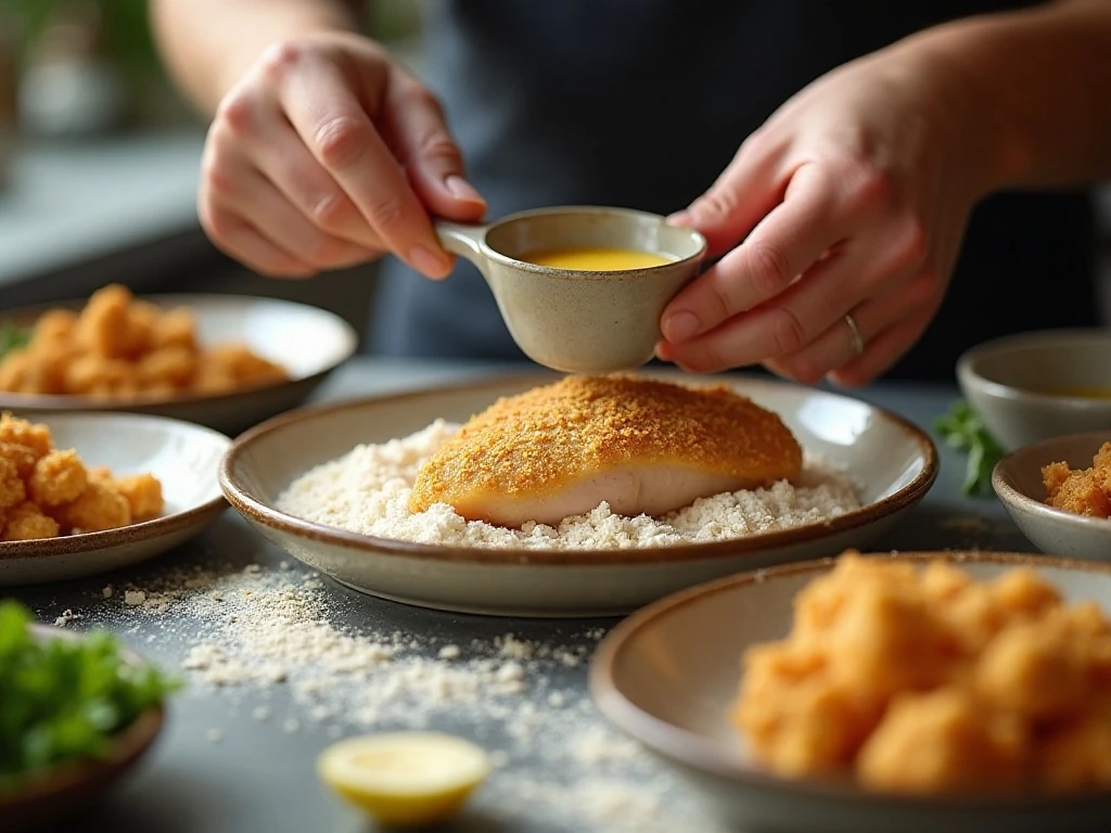 Chicken breast being coated in flour, egg, and panko