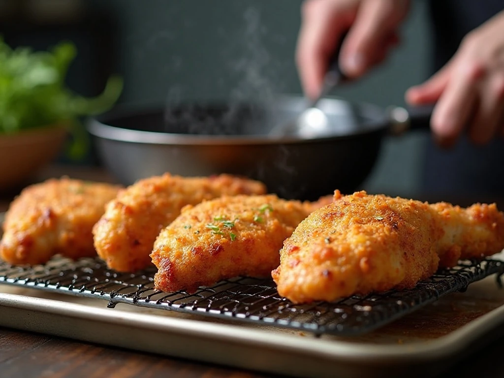 Crispy fried chicken resting on a wire rack after cooking