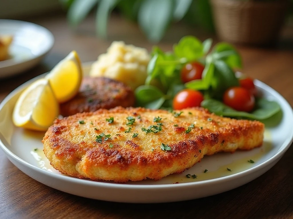 Crispy pan-fried chicken served with vegetables and mashed potatoes