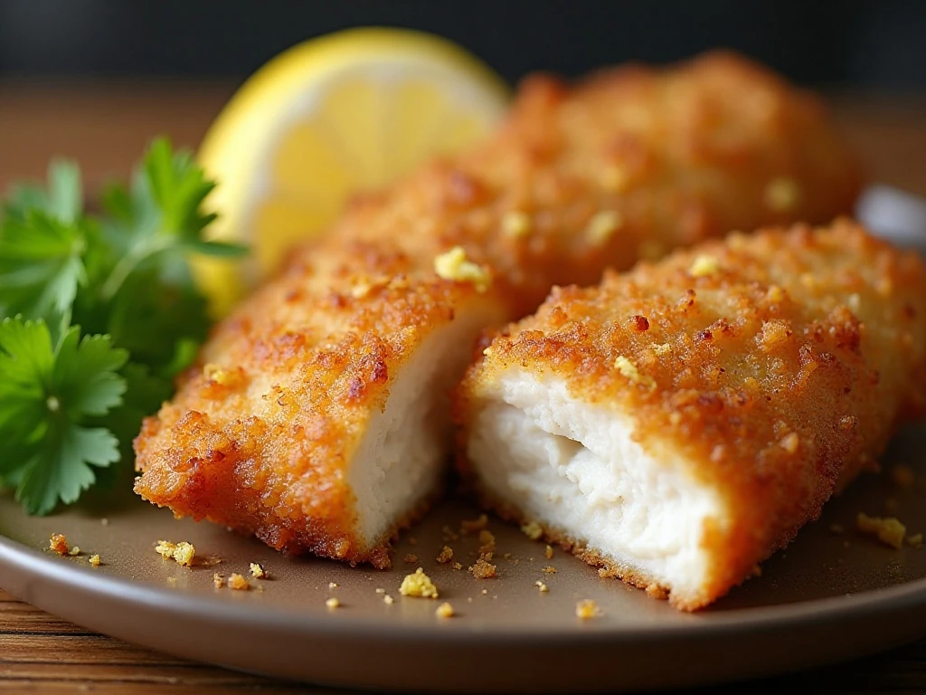 Close-up of juicy chicken and its crisp golden coating