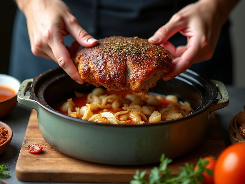 Seasoned pork shoulder placed over onions in a crockpot