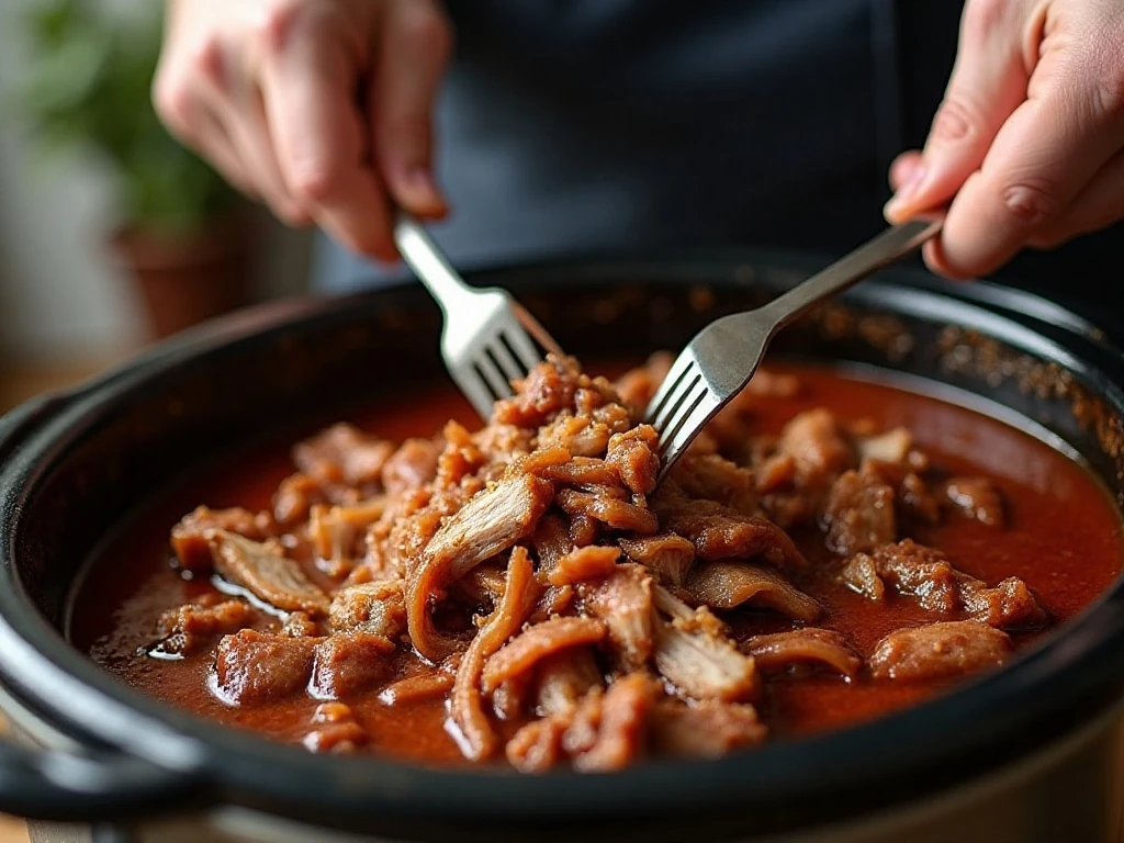Shredding tender slow-cooked pork with forks