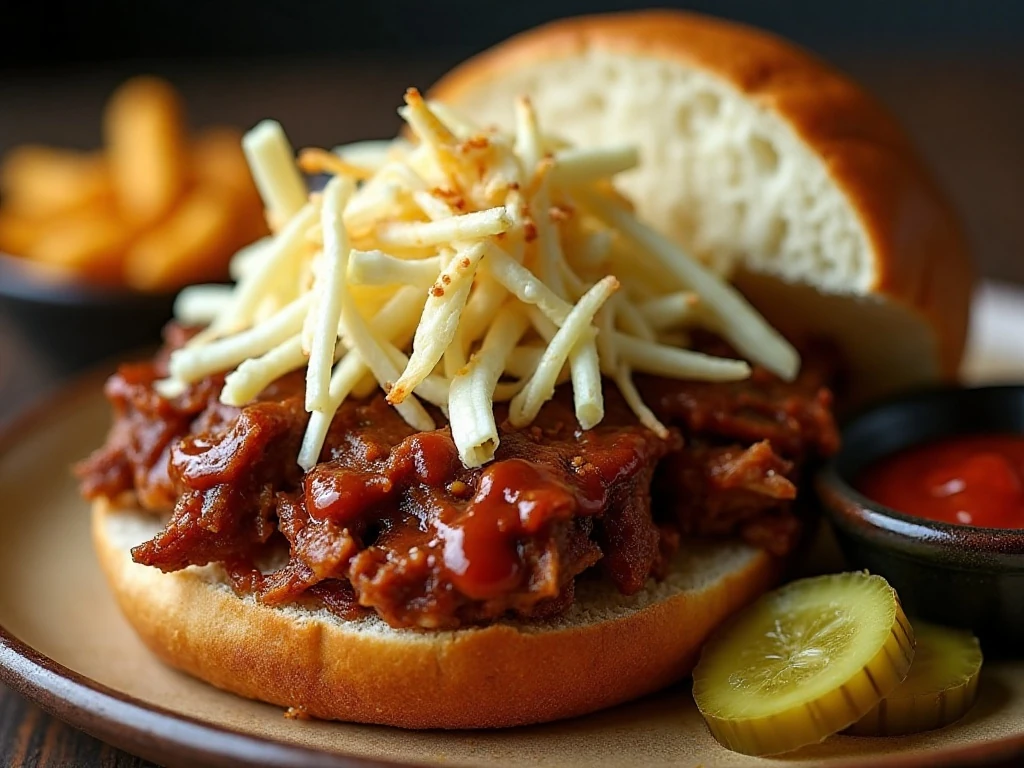 Pulled pork topped with coleslaw and barbecue sauce