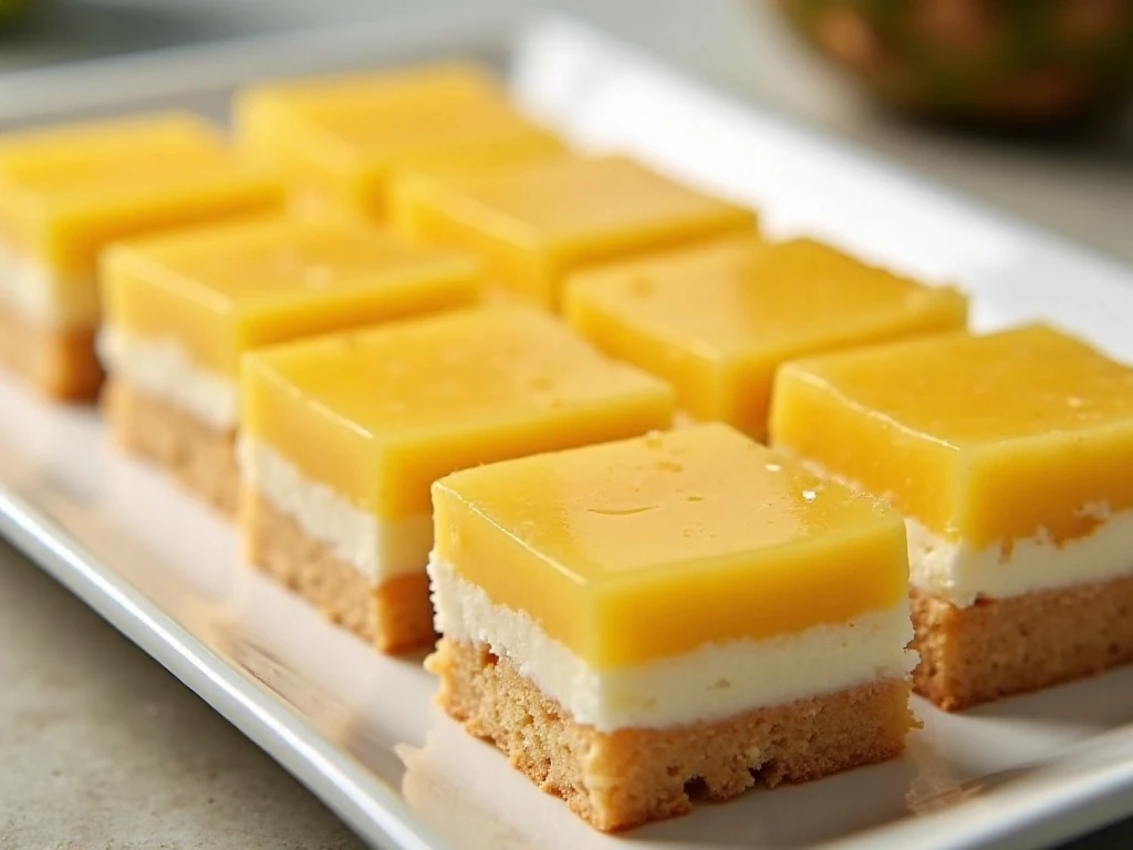 A platter of golden piña colada bars with pineapple and coconut filling