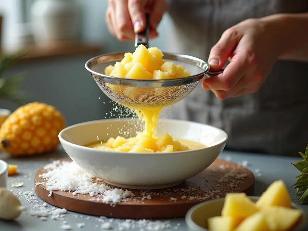 Crushed pineapple draining before being added to dessert filling