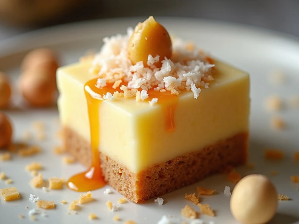 Close-up of a glazed pineapple coconut bar with coconut and macadamia garnish
