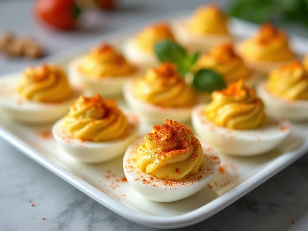 Classic deviled eggs arranged on a serving platter