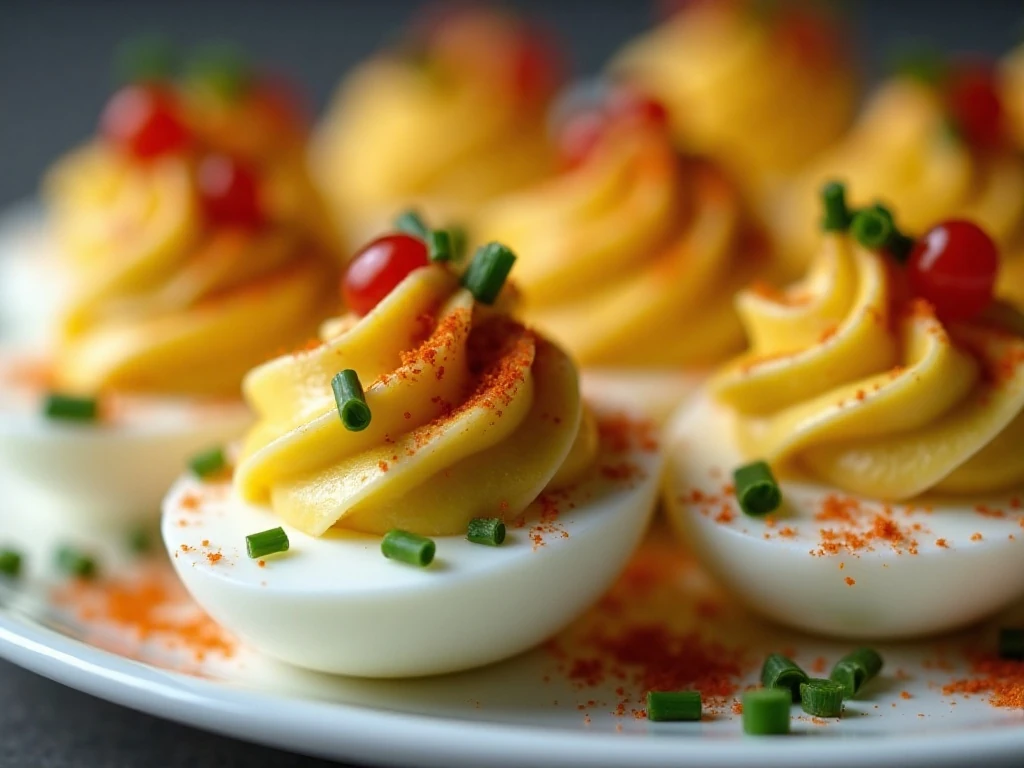 Paprika and chive garnished deviled eggs