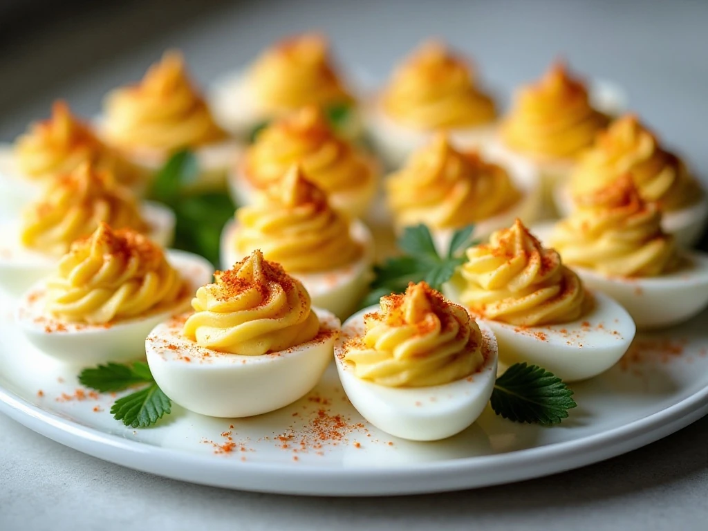 Classic deviled eggs arranged on a serving platter