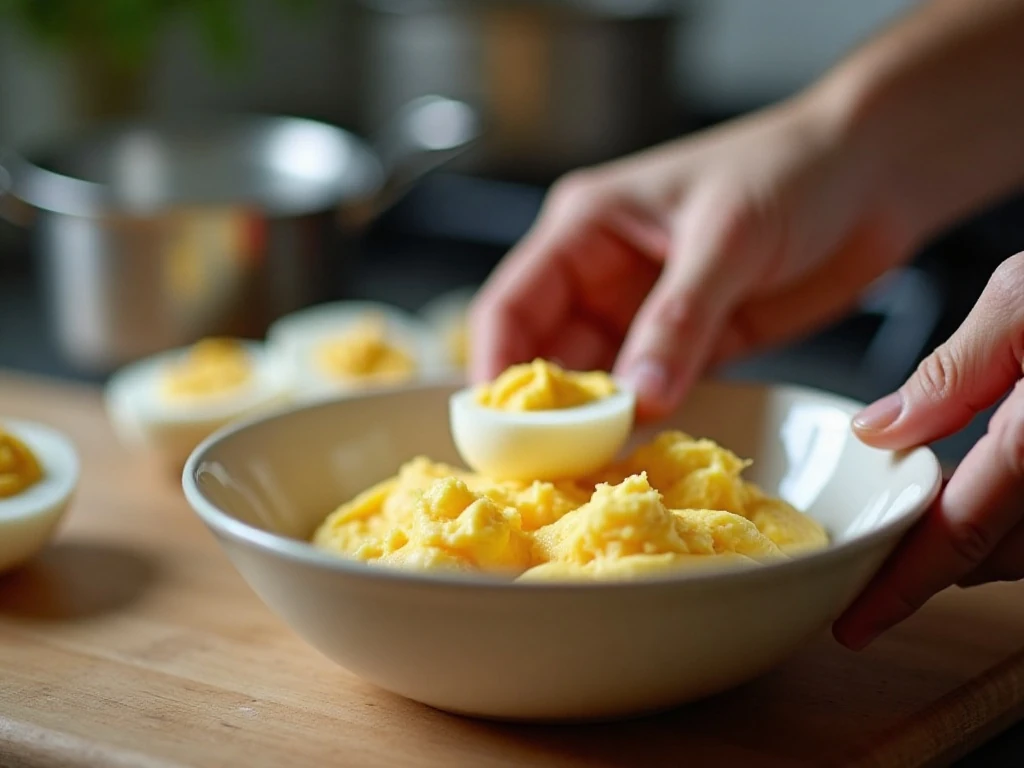 Preparing boiled eggs and creamy deviled egg filling