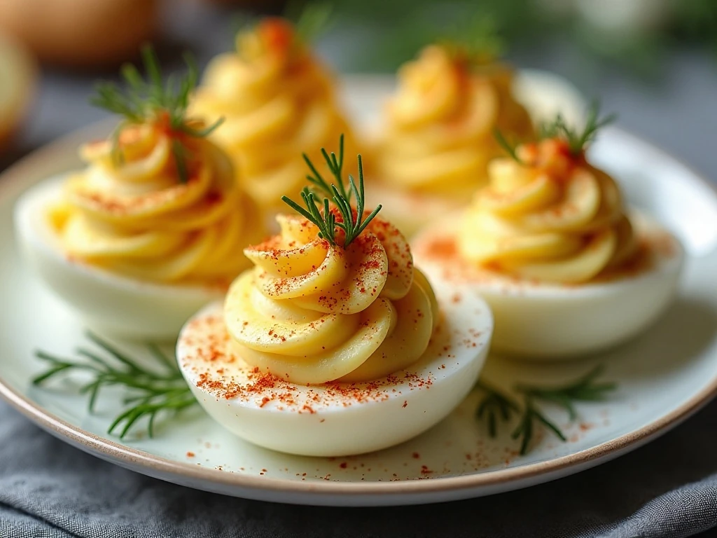 Paprika and fresh herb garnish on deviled eggs
