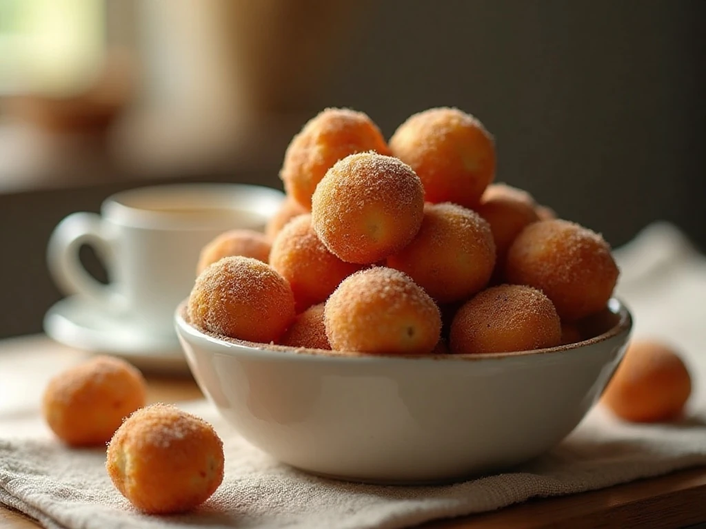 A bowl of warm cinnamon-sugar donut holes ready to serve