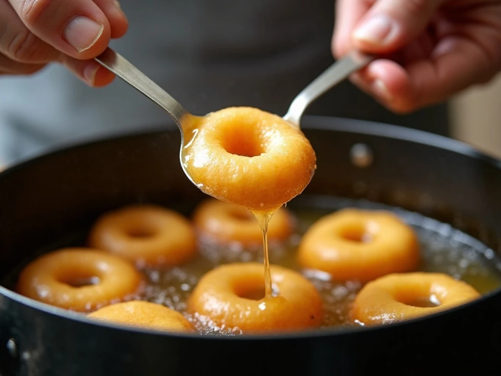 Donut hole batter frying in oil at 350 degrees