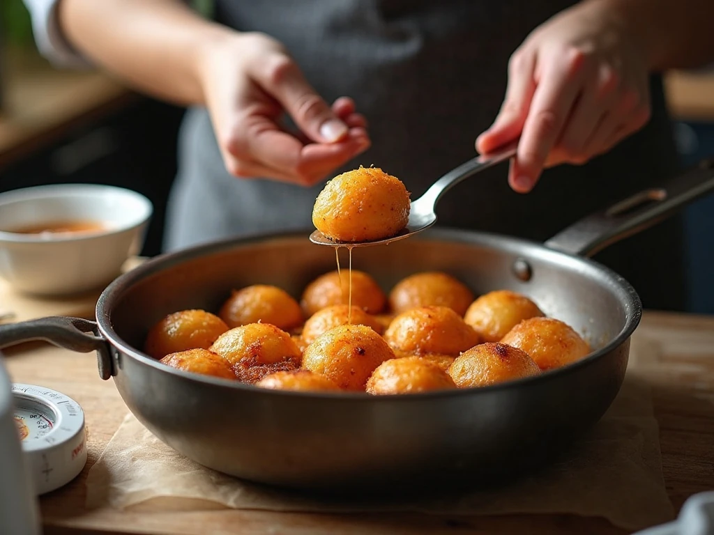 Evenly sized donut holes frying until golden brown