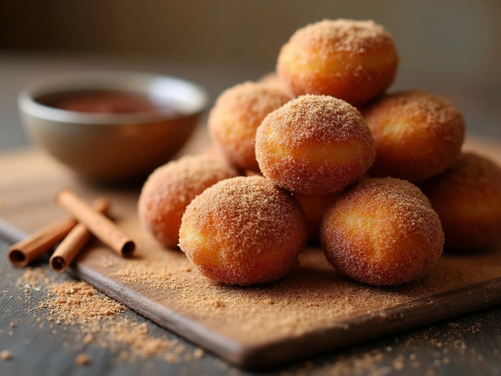 Cinnamon-sugar donut holes with chocolate dipping sauce