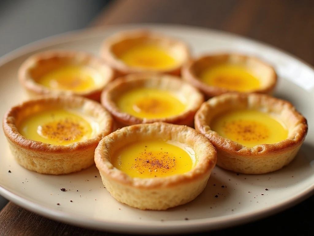 Eight creamy British egg custard tarts arranged on a serving plate