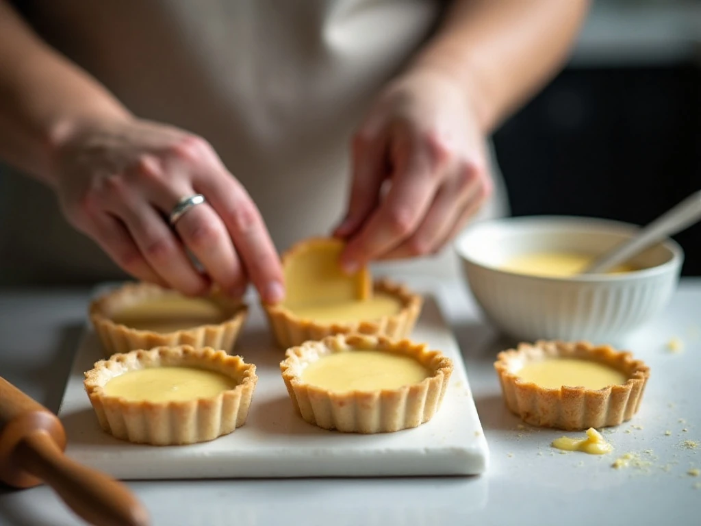 Preparing shortcrust pastry shells for egg custard tarts