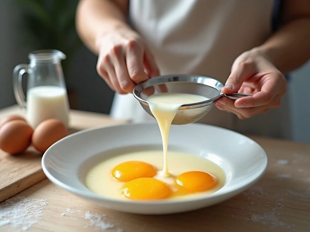 Straining smooth vanilla custard for individual tarts