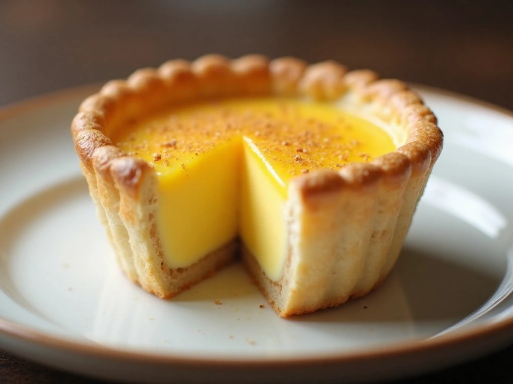Close-up of a creamy egg custard tart with nutmeg