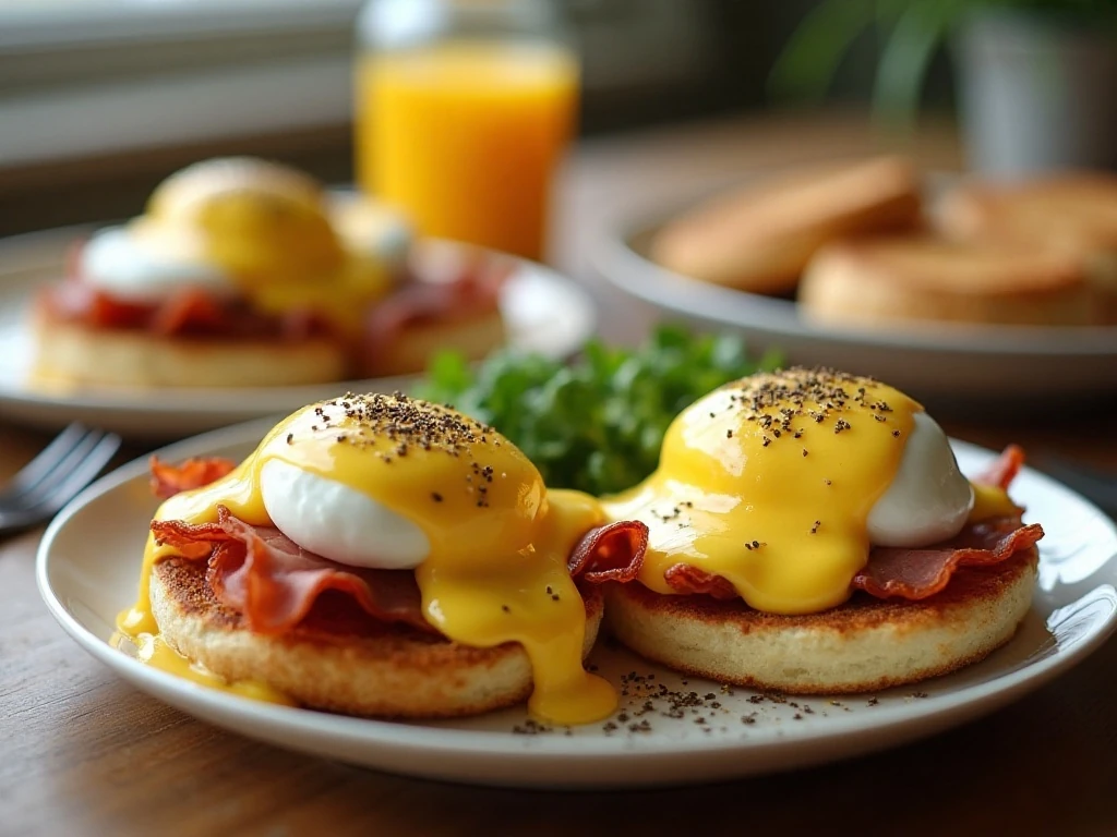 Four servings of easy Eggs Benedict with hollandaise sauce