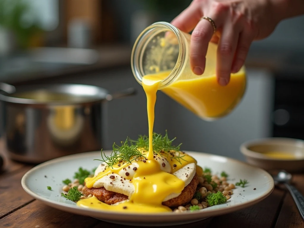 Making blender hollandaise and poaching eggs for Eggs Benedict