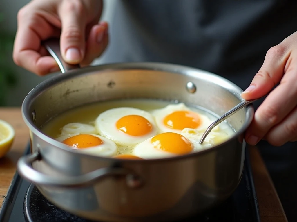 Poaching eggs at a gentle simmer for Eggs Benedict