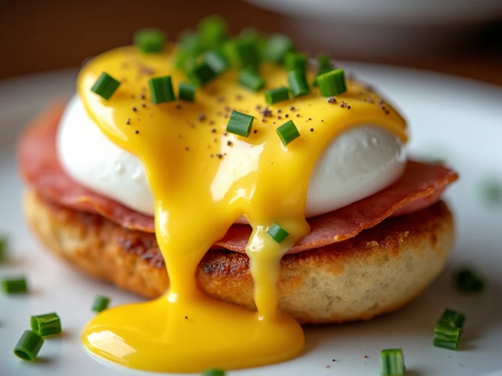 Eggs Benedict topped with hollandaise, black pepper, and chives