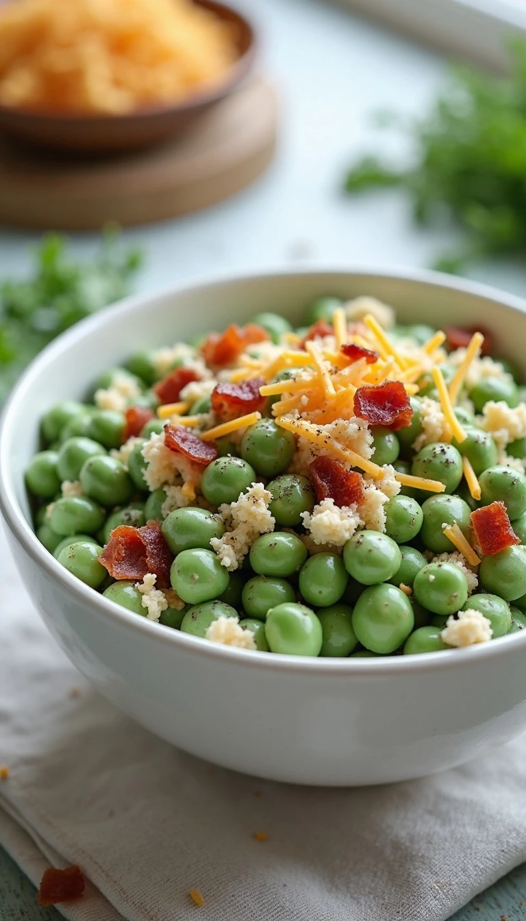 Easy English Pea Salad Recipe with Bacon, Cheddar, and Creamy Dressing