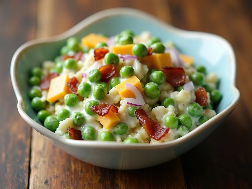 Creamy English pea salad with bacon and cheddar in a serving bowl