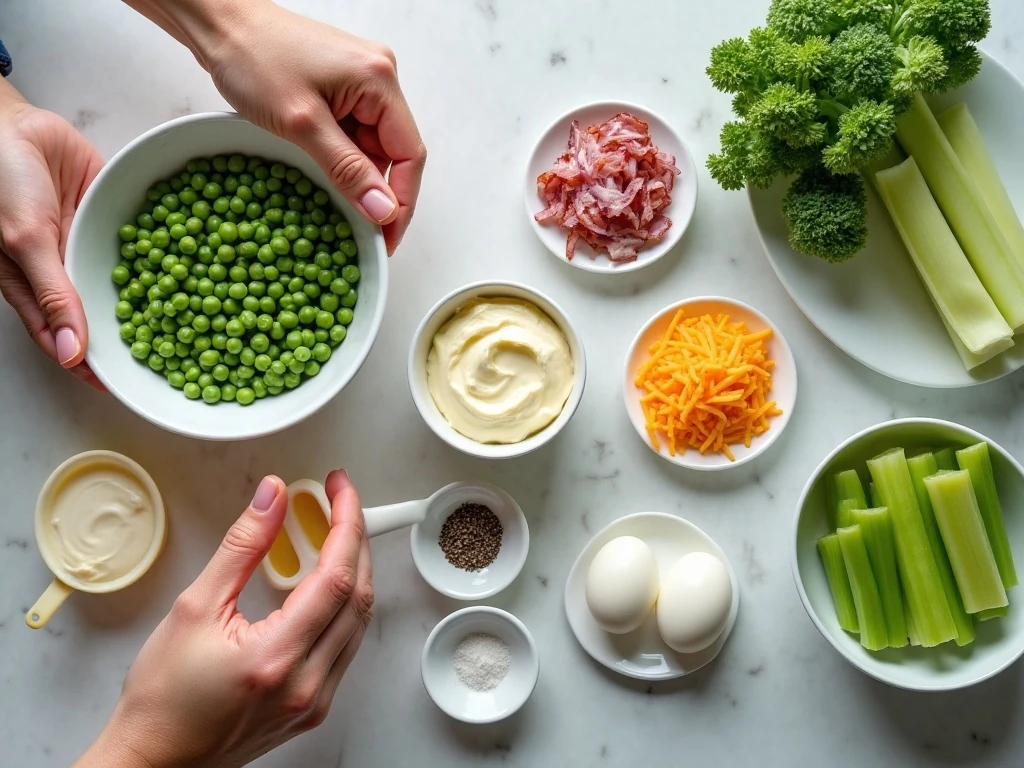 Ingredients for easy English pea salad arranged on a counter