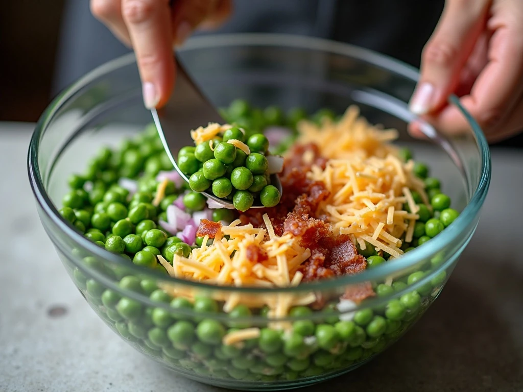 Mixing peas and creamy dressing for English pea salad