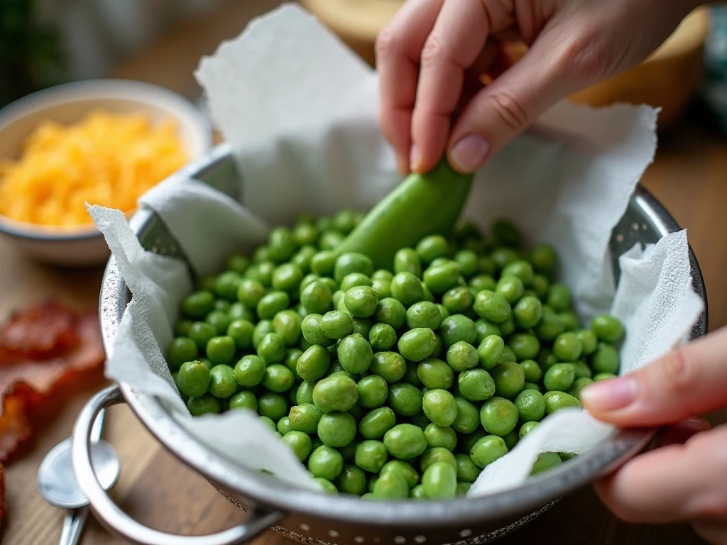 Thoroughly draining green peas for creamy pea salad