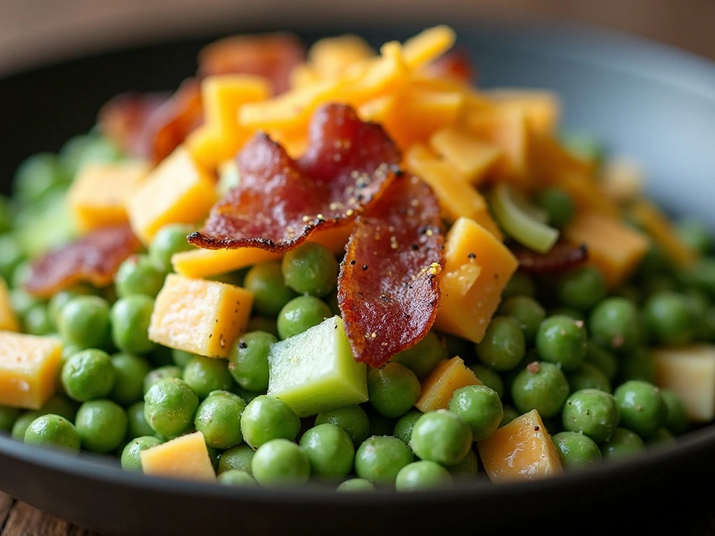 Garnished English pea salad with bacon, cheddar, egg, and celery