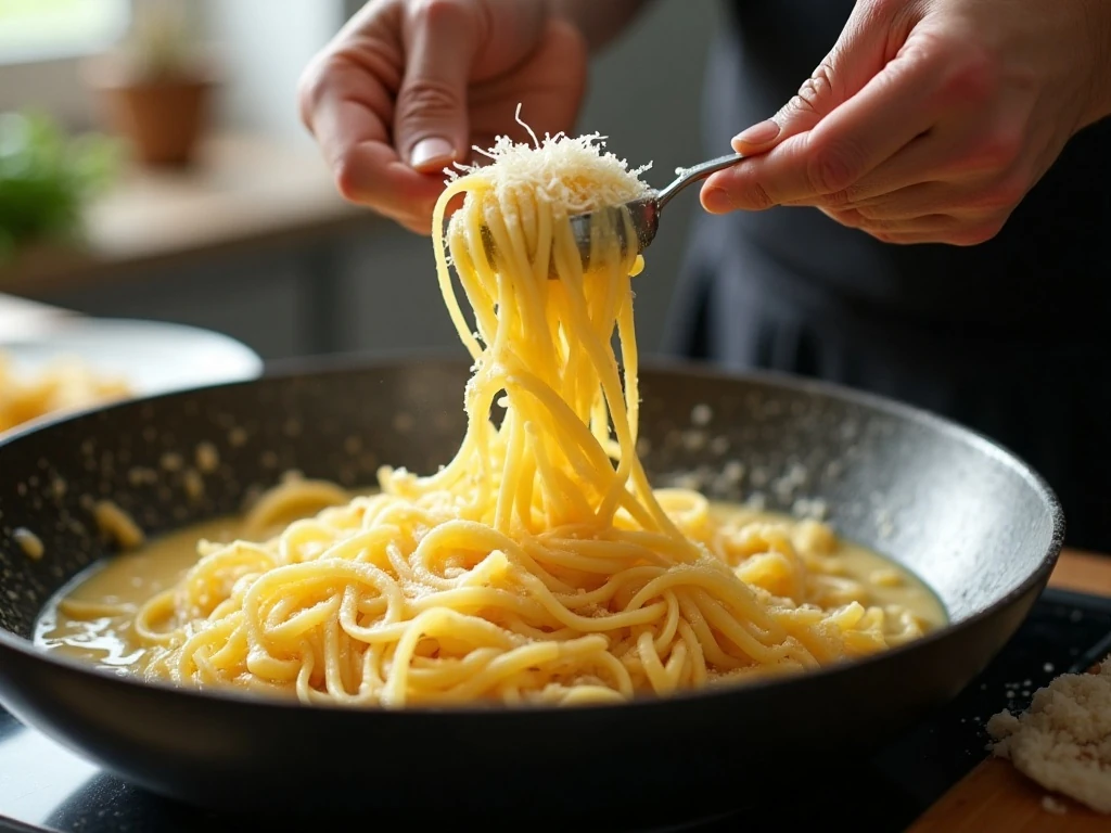 Tossing fettuccine with cream, butter, and Parmesan in a skillet