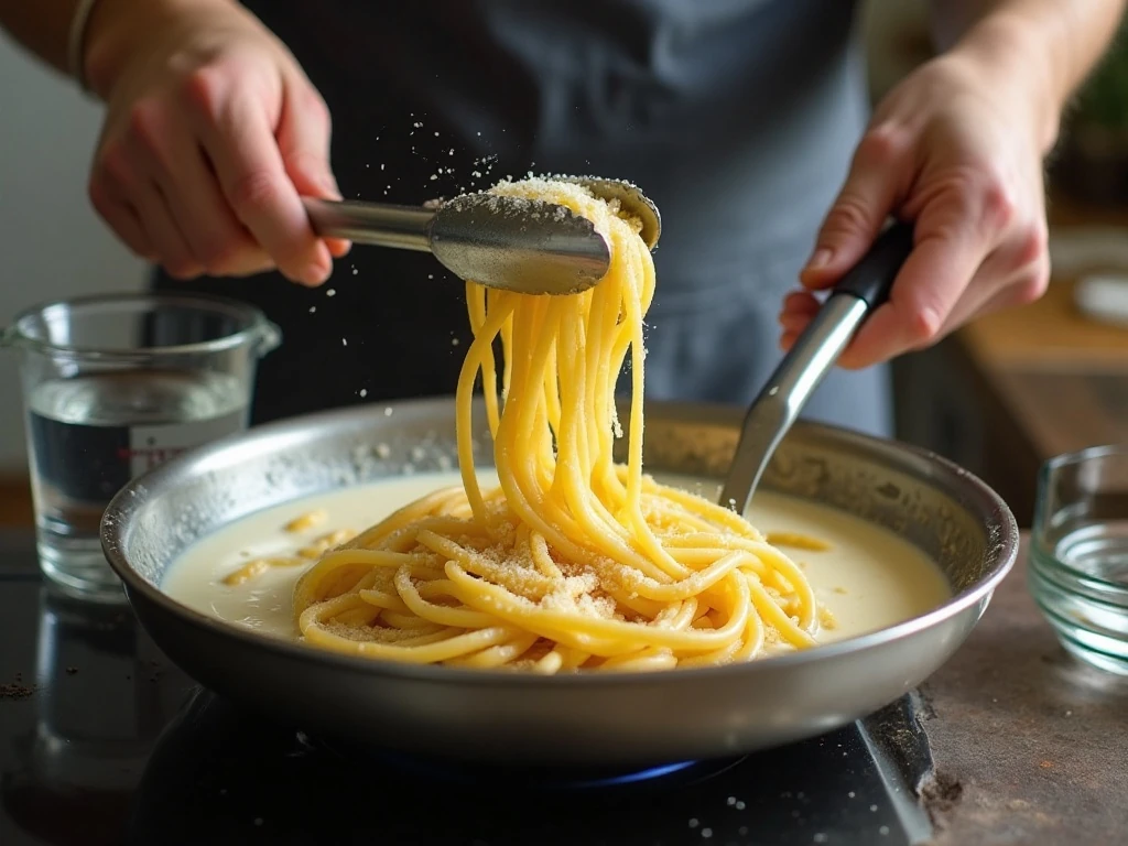 Adding freshly grated Parmesan to make a smooth Alfredo sauce