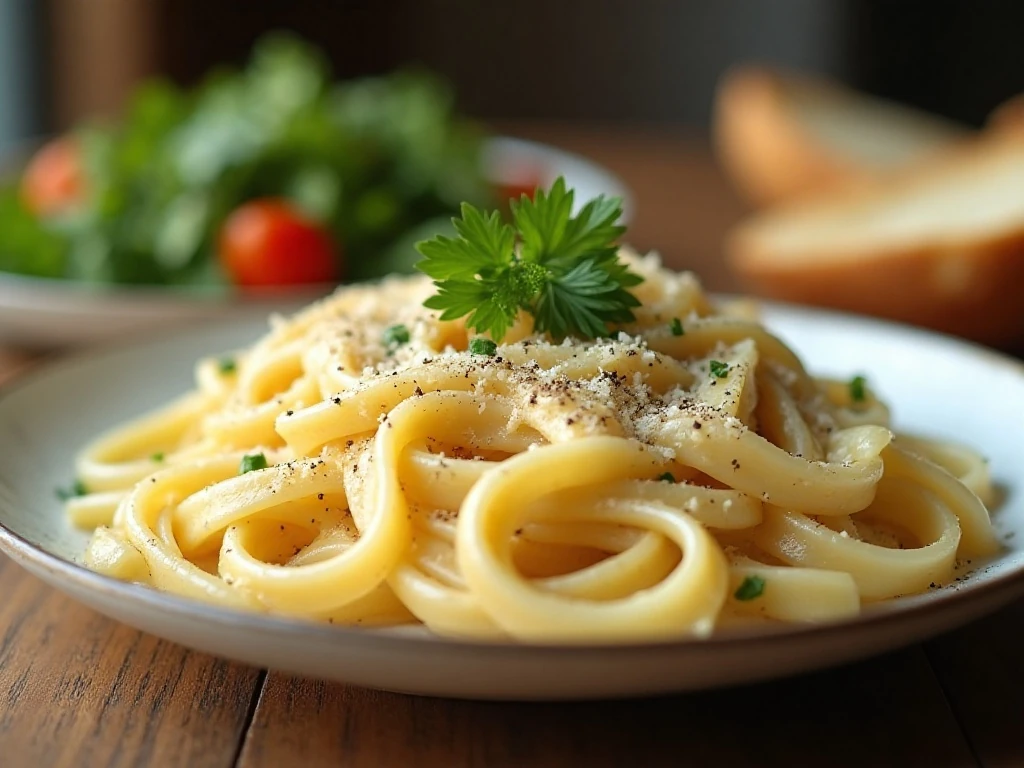 Fettuccine Alfredo with Parmesan, parsley, salad, and bread