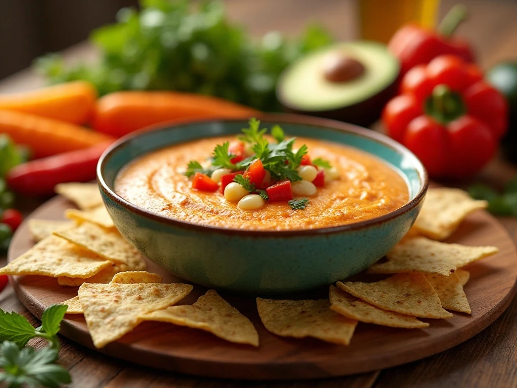 Creamy fiesta dip served with tortilla chips and fresh vegetables