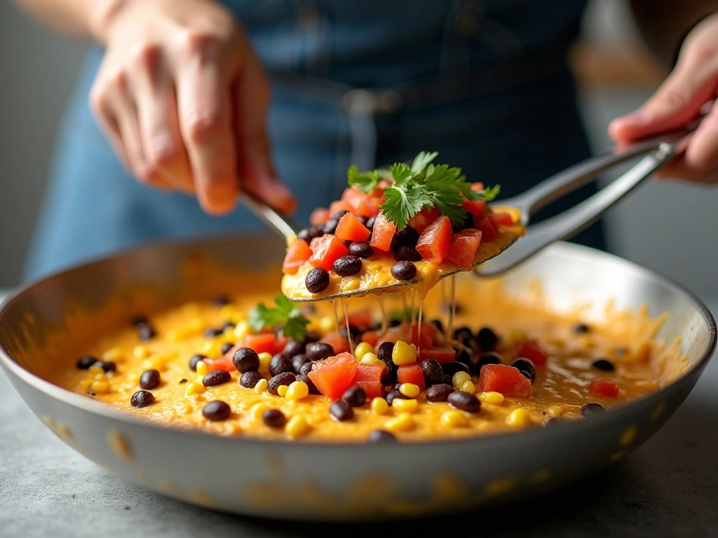 Mixing creamy fiesta dip with beans, corn, and salsa