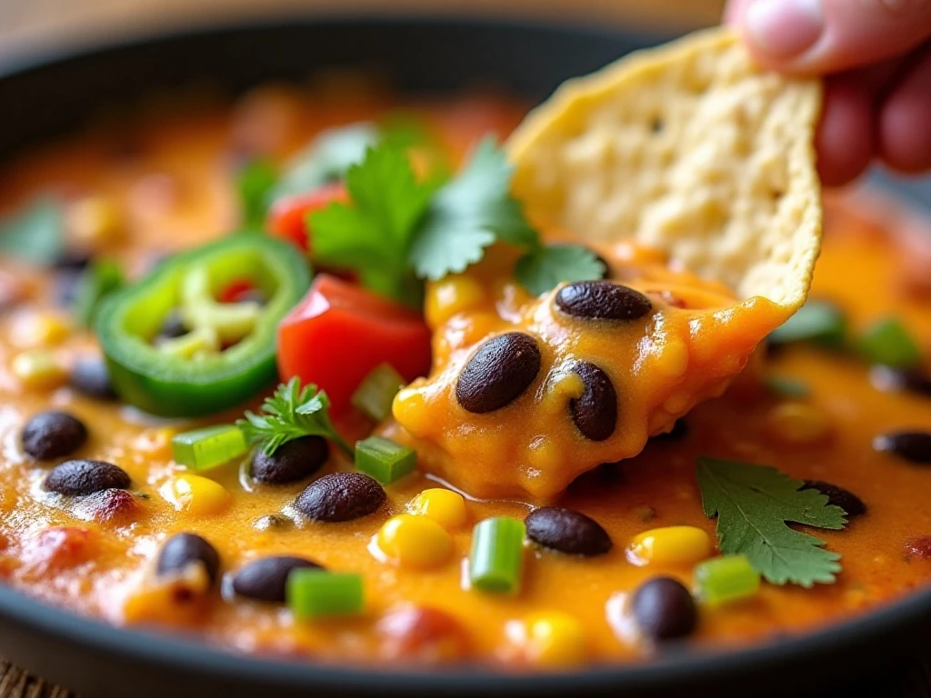 Close-up of cheesy fiesta dip with fresh toppings