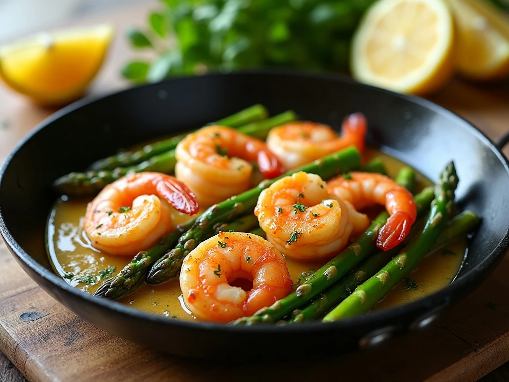 Garlic butter shrimp with asparagus served in a skillet