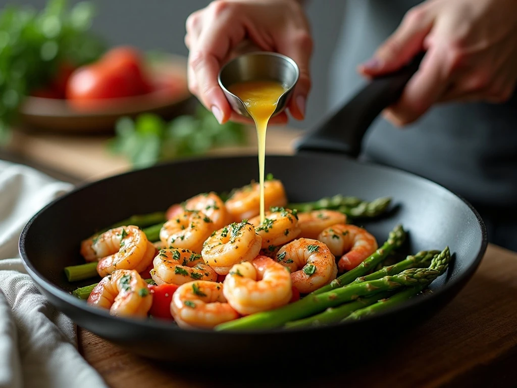 Shrimp and asparagus cooking in garlic butter sauce