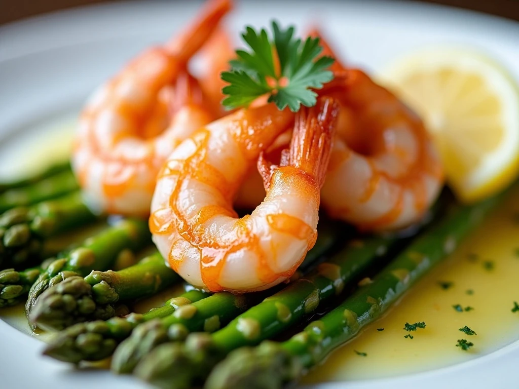Perfectly cooked shrimp with asparagus and parsley