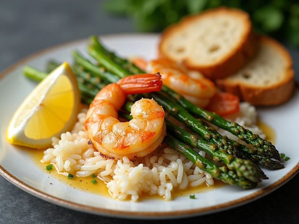 Garlic butter shrimp and asparagus served with rice and bread